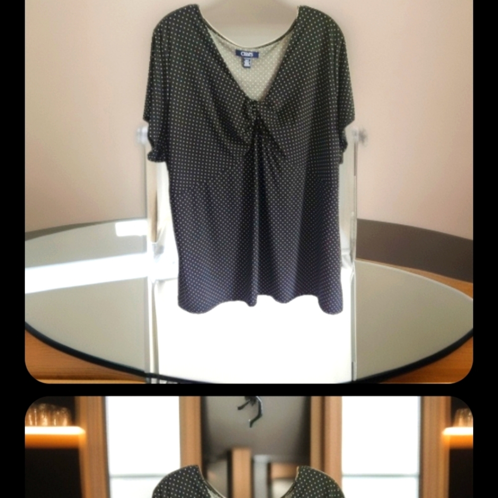 Vintage  Woman's Chaps Blouse 2X Plus Size Black White Polka Dot Pullover Top